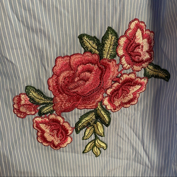 Zara Woman Off Shoulder Pinstripe Embroidered Floral Dress Tunic Medium Blue Red - Picture 8 of 14